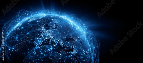 Global technology network connection with digital communication abstracts featuring blue glowing earth planet and interconnected data visualization cyber space concept