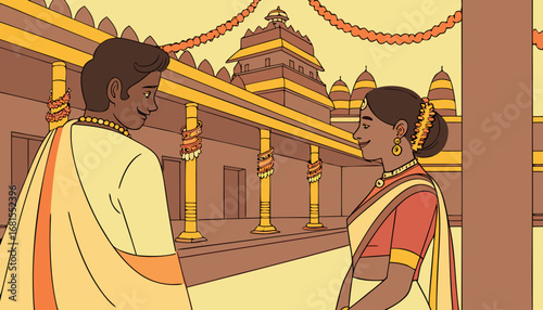 A grand South Indian wedding in a temple courtyard decorated with marigold flowers, traditional silk sarees, golden jewelry, cinematic cultural scene."