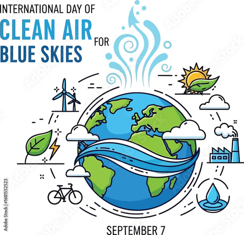 International day of clean air for blue skies illustration with earth and environmental icons