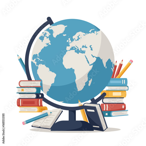 Illustration of a classroom globe and stacks of books representing global knowledge, geography, and international education