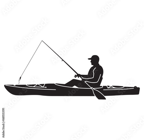 Silhouette of a person kayaking and fishing on a calm body of water recreational outdoor activity