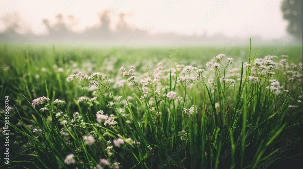 Obraz premium A lush green field filled with delicate white flowers blooms under soft sunlight,