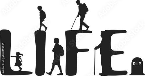 Life cycle silhouette concept showing different stages from childhood to old age, growth, journey, aging, mortality, human development, time passing.