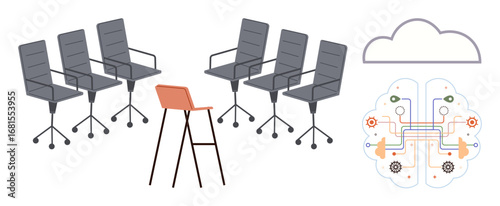 Conference chairs and a stool surround AI-inspired circuitry and cloud graphic. Ideal for innovation, technology, digital transformation, collaboration, remote work, brainstorming, teamwork concepts