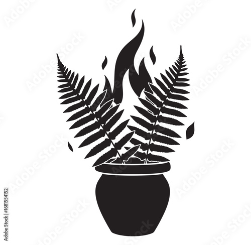 Silhouette of a potted fern plant with flames for mystical creative design elements