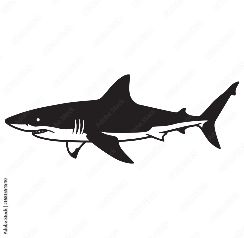 Naklejka premium Silhouetted black and white illustration of a powerful great white shark swimming