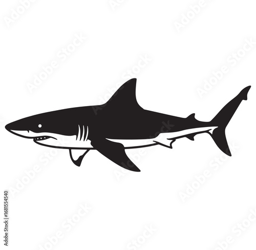 Silhouetted black and white illustration of a powerful great white shark swimming