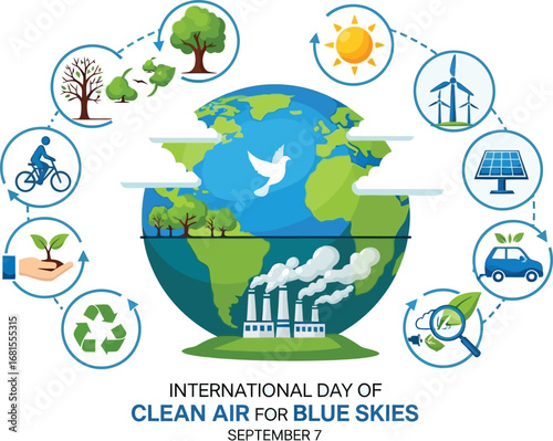 Illustration for international day of clean air with earth and environmental icons around it