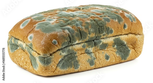 Moldy loaf of bread covered in green and white spores