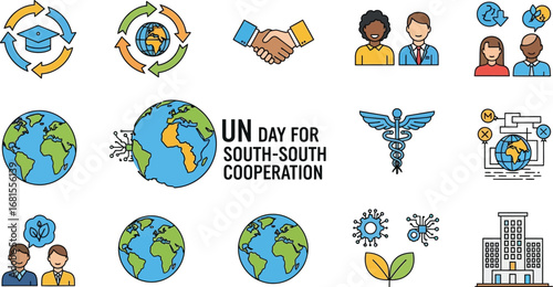 Un day for south south cooperation icons featuring education and global partnership symbols on white