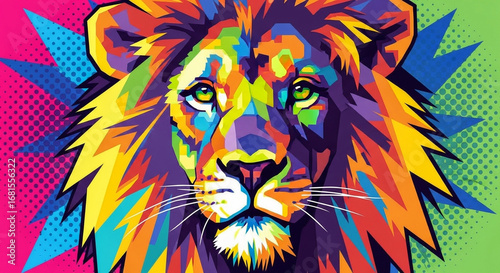 A vibrant pop art illustration of a majestic lion's face with a colorful, graphic background.