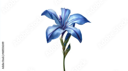 Isolated blue iris blossom on white background detailed digital painting botanical art style close up studio shot