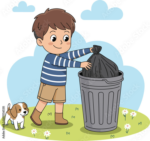 Cute boy cleaning up and putting a bag of trash into a bin, with his happy dog standing nearby, teaching responsibility.