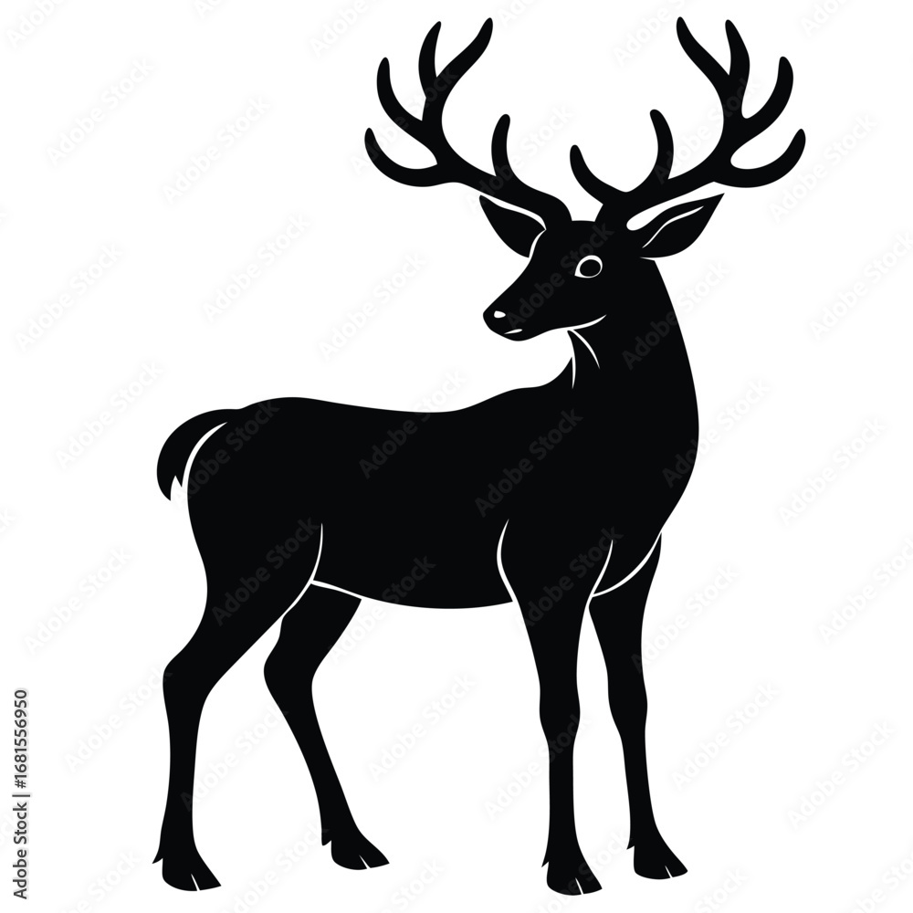 Obraz premium Reindeer with antlers silhouette vector line art Christmas holiday design, Xmas reindeer outline, Christmas deer silhouette, Festive reindeer drawing.