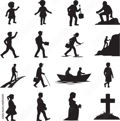 Silhouettes of People Walking Climbing Boating and a Gravestone Keywords: silhouette, people
