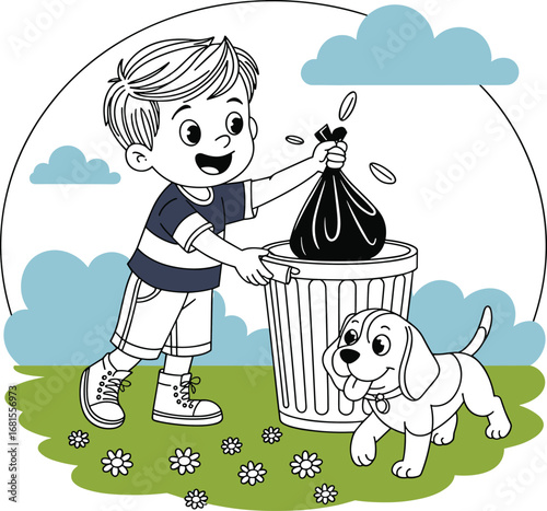 Black and white line drawing of a happy boy cleaning up, putting a bag of trash into a bin with his dog nearby.