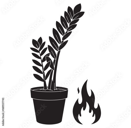 Symbolic illustration of a houseplant and flames representing destruction and environmental change