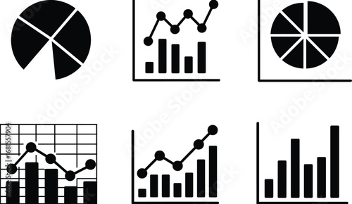 Modern business charts and graphs, data visualization icons, financial analysis, market trends, sales reports, analytics symbols, performance metrics
