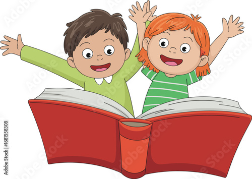 Happy children with arms raised, enthusiastically reading a big open book, celebrating imagination, education, and the love of reading.