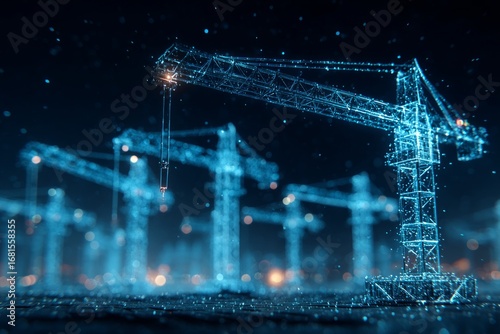 Holographic cranes working on a futuristic construction site at night, representing innovation in the building industry