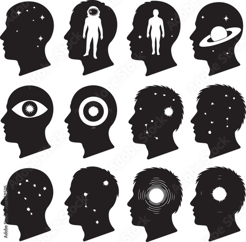 Human Head Silhouettes with Cosmic and Abstract Inner Worlds profile space