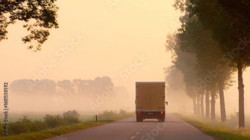 An early morning scene with a truck traveling down a rural road bordered by tall trees, soft muted colors of dawn light,