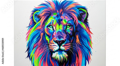 A vibrant, multicolored headshot of a majestic lion with a flowing mane, rendered in a psychedelic, artistic style against a white background.