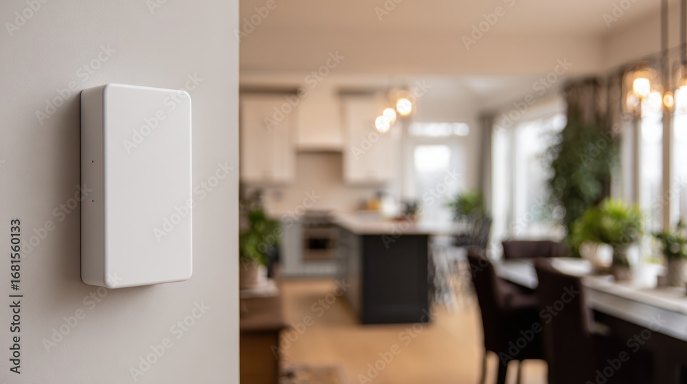 Fototapeta premium Medium shot of a residential battery storage system mounted on a wall main unit in sharp focus with blurred home interior in background showcasing clean energy storage.