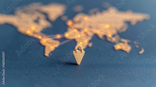 Golden padlock icon placed on dark blue world map with glowing connection points symbolizes secure global e commerce growth, sales, and logistics