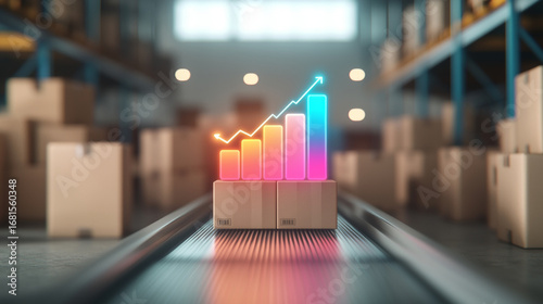 Glowing bar chart symbolizing e commerce growth and sales success is displayed on conveyor belt in warehouse, emphasizing efficient logistics and modern business strategies