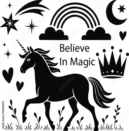 Whimsical Unicorn Silhouette Icons  Fairytale Horses and Mythical Elements