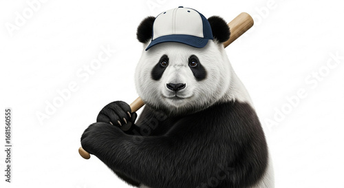 A giant panda wearing a baseball cap holds a wooden bat, ready to play against a white background.