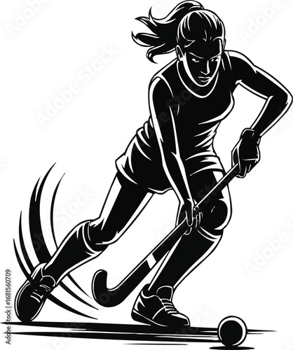 Female Field Hockey Silhouette Vector  Action Poses with Stick and Ball