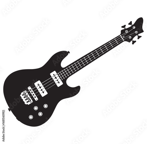 Vector illustration of a modern black bass guitar isolated on white background