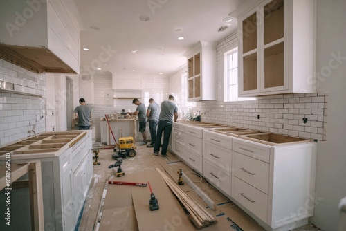Carpenters installing white kitchen cabinets and counter tops in a new modern home