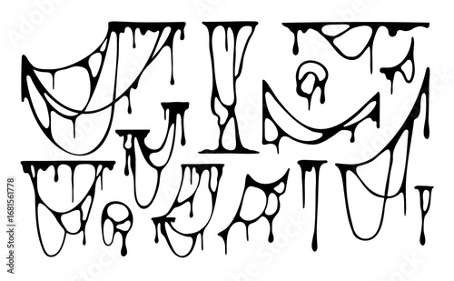 Set of viscous black liquid silhouettes. Sticky slime stains drops. Hand drawn oil drip vector elements for design and decor.