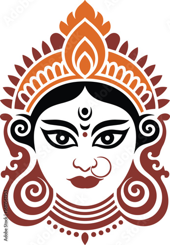 Durga Face Illustration with Ornate Headdress and Traditional Jewelry
