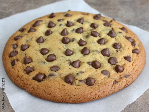 Freshly baked giant chocolate chip cookie on parchment paper delicious dessert close up studio shot homemade treat sweet indulgence