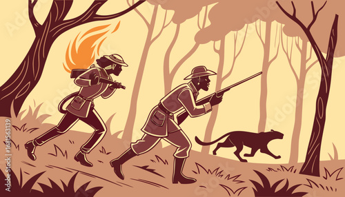 Two fierce revolutionaries running through a burning jungle with wild animals around, cinematic motion blur, fiery atmosphere, historical freedom fighter vibe."