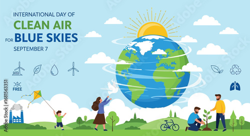 International day of clean air for blue skies illustration with people and earth globe design vector