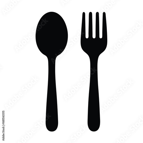 Minimalist illustration of a black spoon and fork on a white background