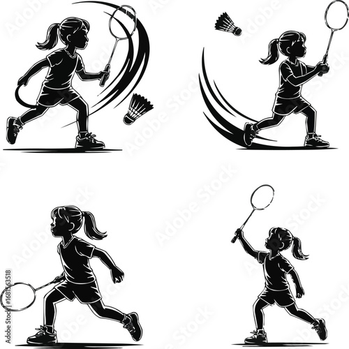 Badminton Sport Silhouette Icons  Young Woman Playing with Racket and Shuttlecock