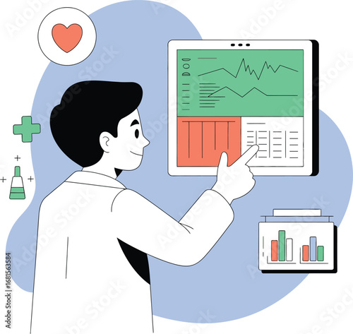 Doctor analyzing medical data and charts for healthcare improvement and patient care