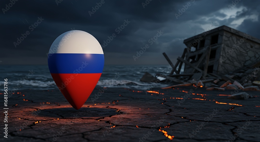 Obraz premium Russian flag pin icon against a backdrop of war and destruction