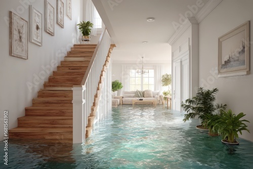 Flooded Living Room with Water Damage and Stairs, Interior View of Home Disaster, Insurance Claim