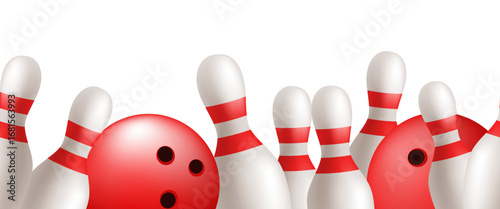 Bowling seamless frame. Pins and ball. Vector 3d illustration isolated on white background.