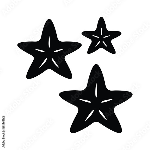 Three Abstract Starfish in Black Silhouette Swimming in a White Sea