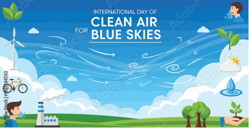 International day of clean air for blue skies banner with environmental awareness icons and blue sky