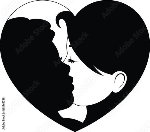 Romantic couple kissing inside heart shape, love and affection, black and white silhouette, relationship symbol, romantic illustration, intimacy concept