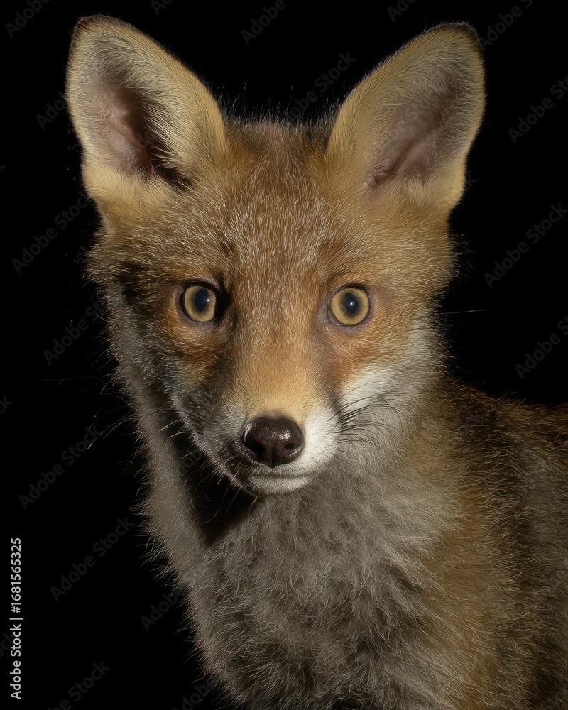 Obraz premium Red fox portrait on black background, close-up shot of wild animal, curious expression, studio lighting